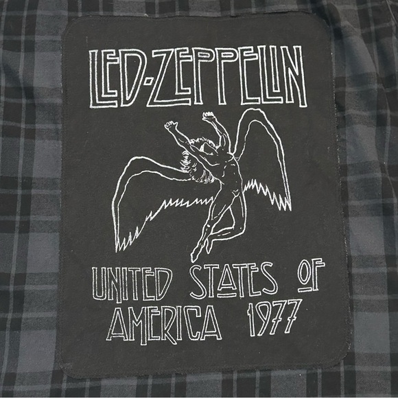 Led Zeppelin Blue Gray Custom Upcycled Reworked Flannel Plaid Shirt Size 2XL - Picture 2 of 5